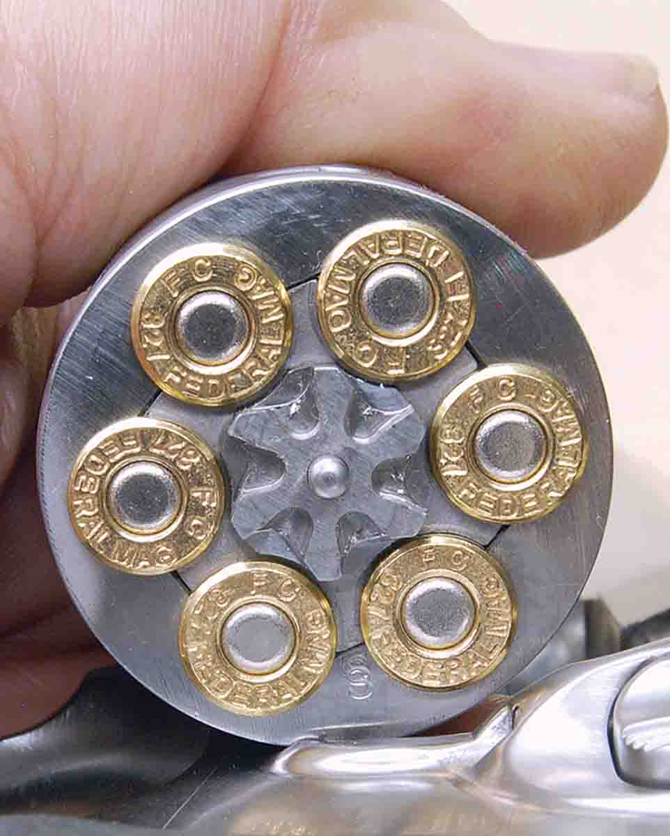 Six rounds fit in a .327 Federal Magnum cylinder, one cartridge more than fits in lightweight .357 Magnum revolvers.